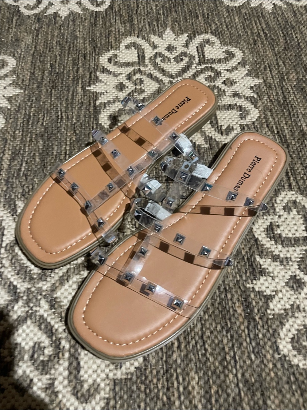 Pierre Dumas Tan Slide Sandals with Clear Studded Straps